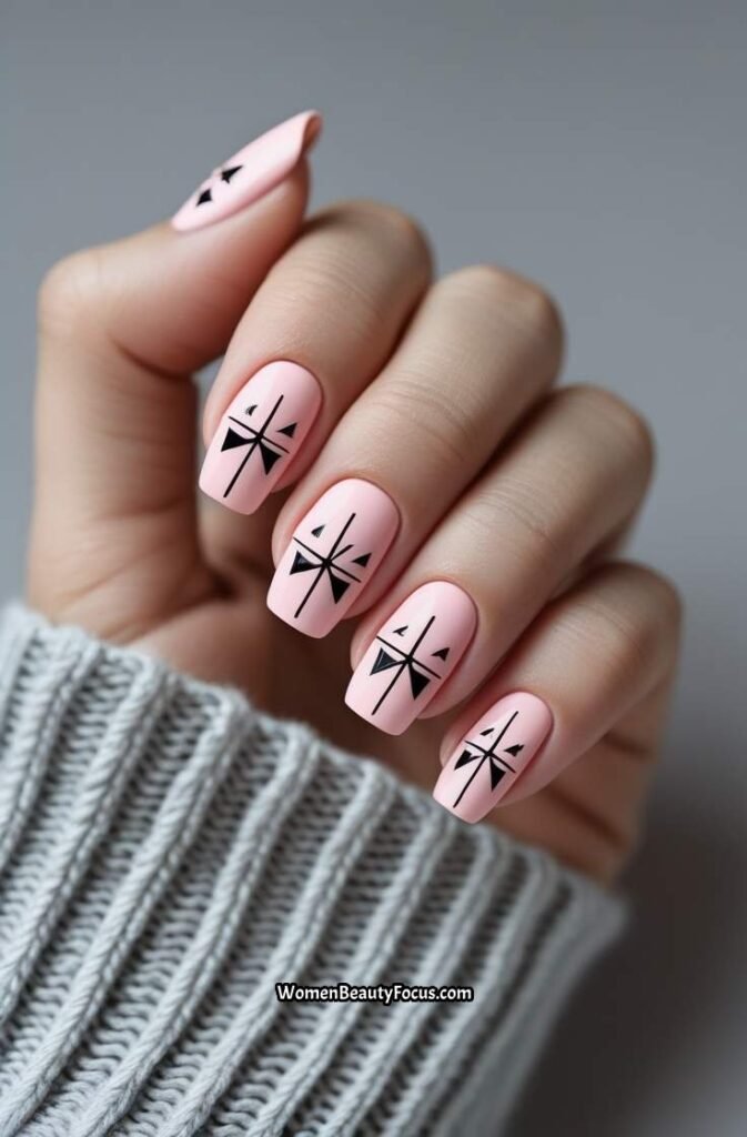 17. Pink Nails with Black Geometric Shapes