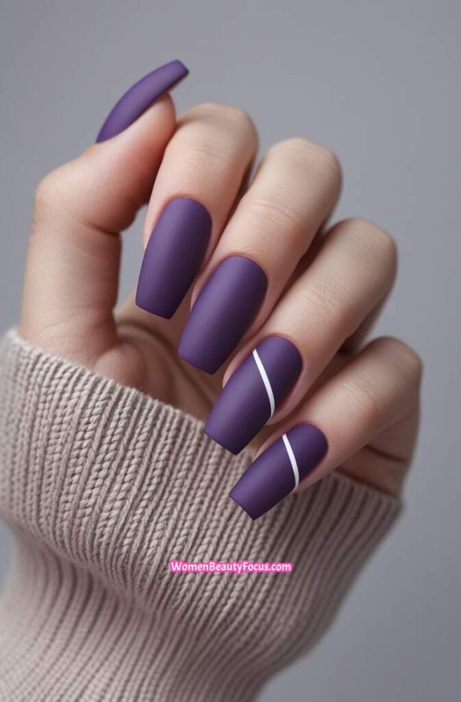17. Purple Matte Nails with White Lines