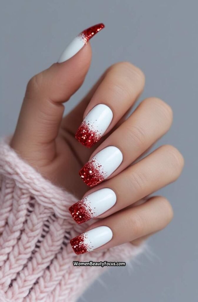 17. Red Glitter Tips with White Base
