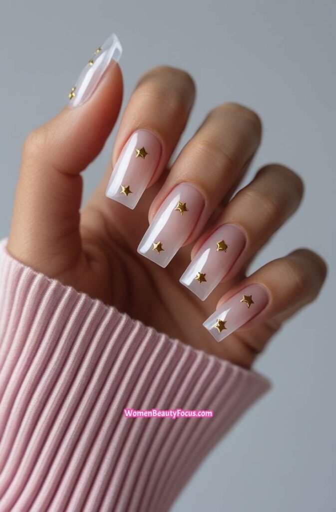 17. Sheer Nails with Gold Star Stickers