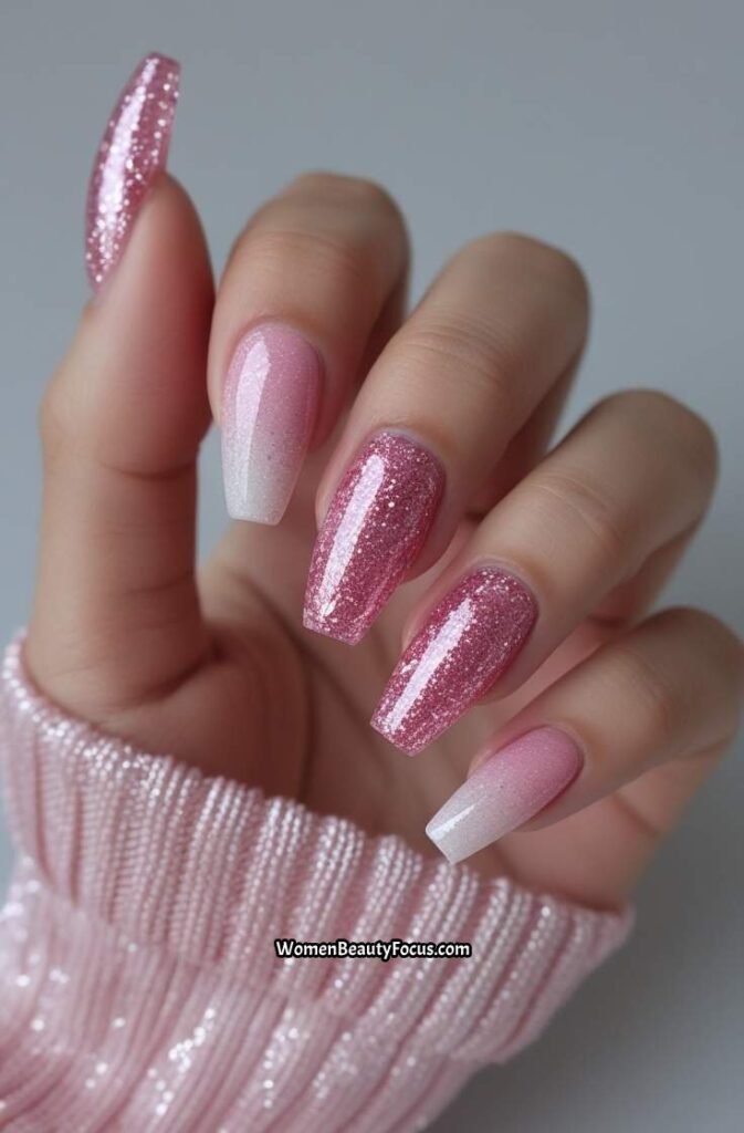 17. Short Acrylic Nails with Pink Gli