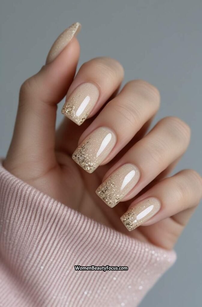17. Short Neutral Square Nails with Micro Glitter
