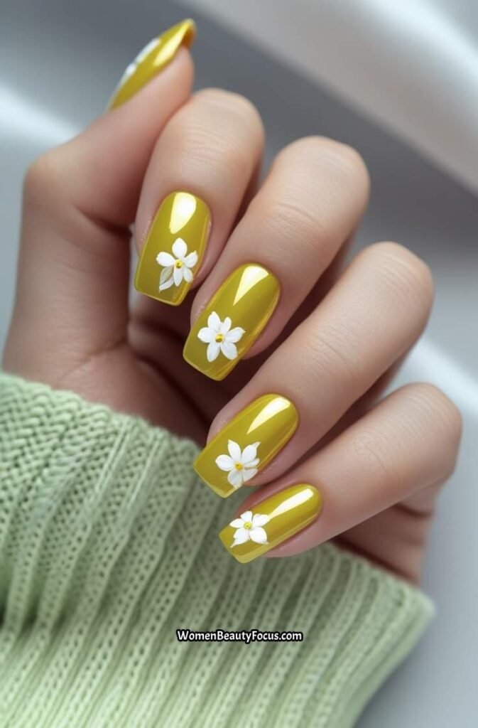 17. Short Yellow Chrome Nails with Floral Accents
