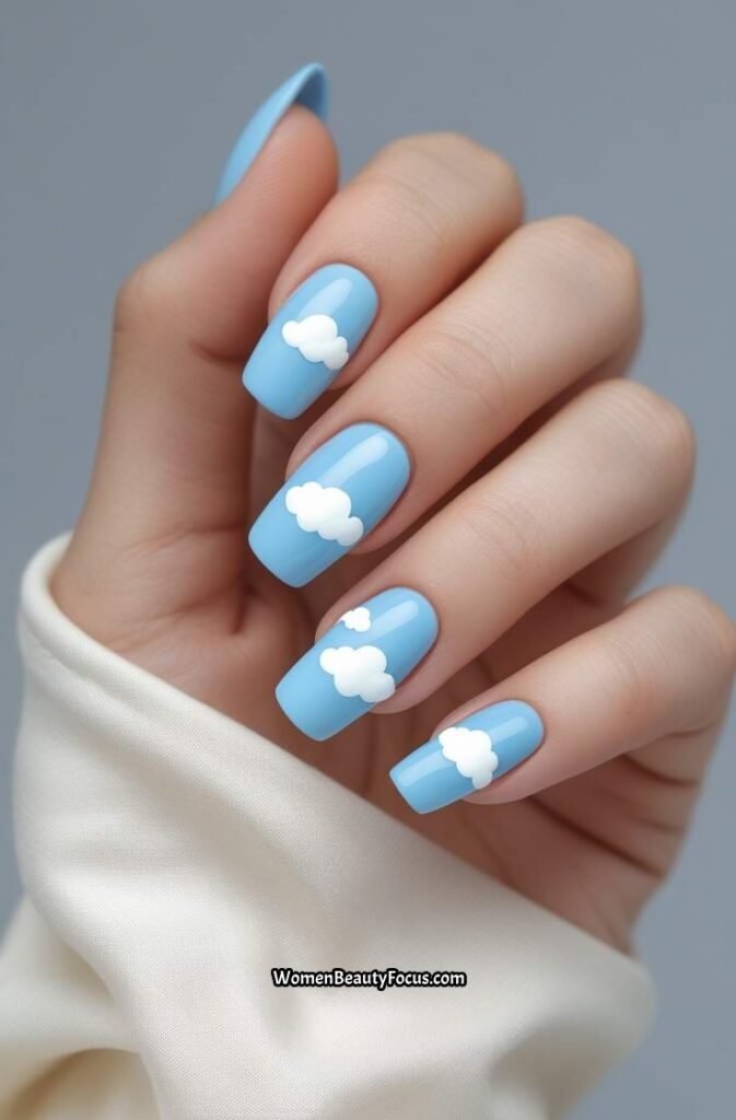 17. Sky Blue Nails with Cloud Details