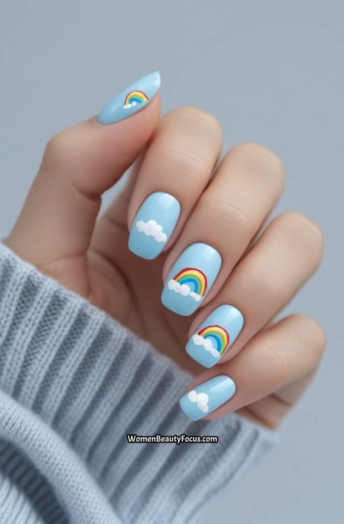 17. Soft Blue Nails with Tiny Clouds and Rainbows