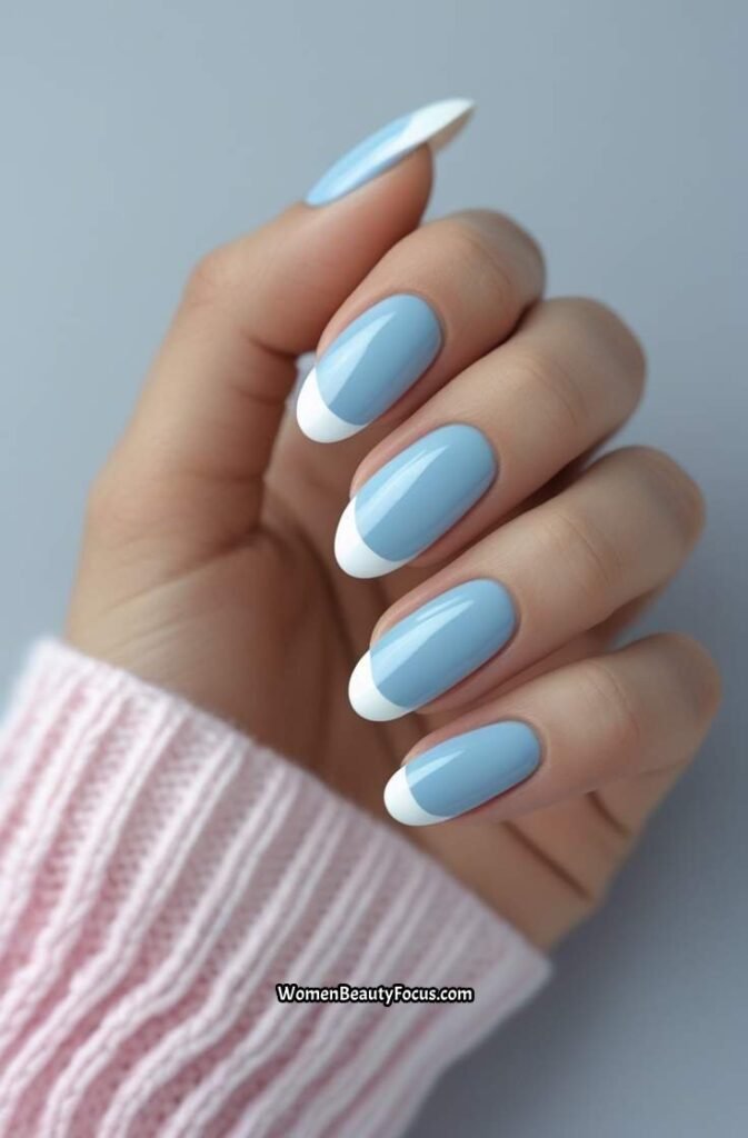 17. Soft Blue Nails with White Tips