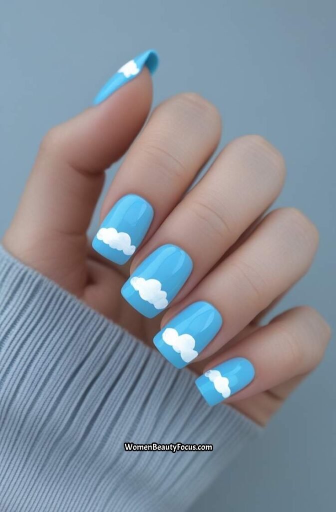 17. Soft Blue Square Nails with Cloud Design