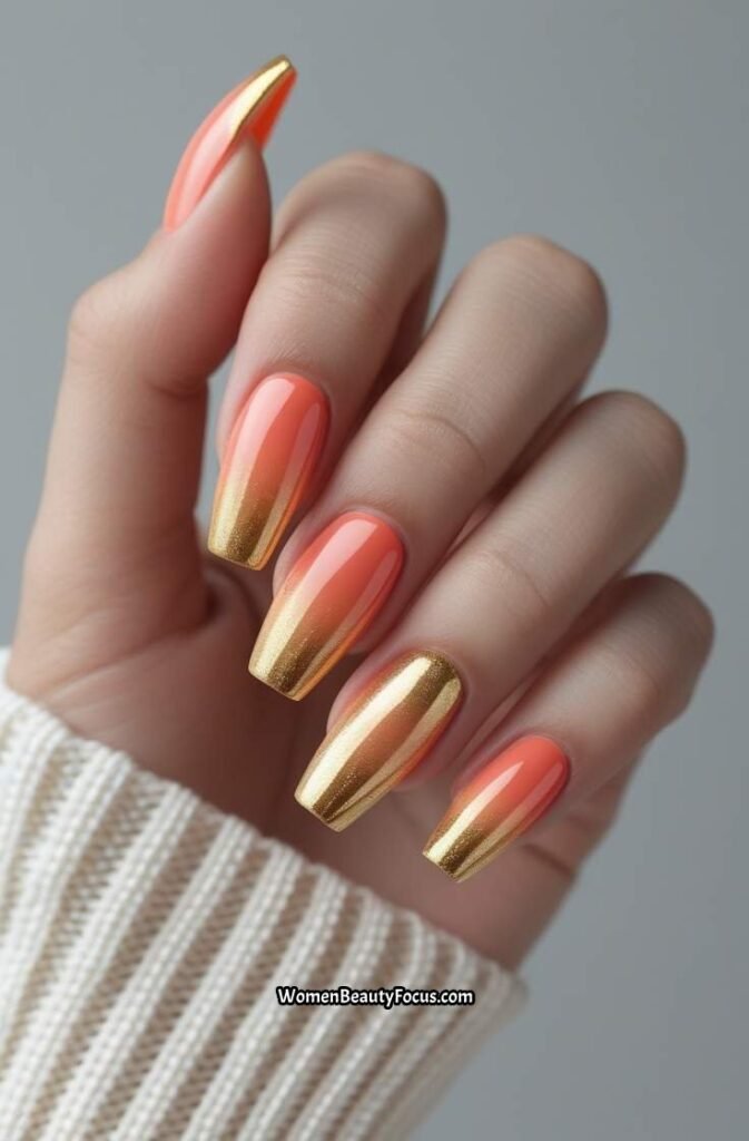 17. Soft Coral and Gold Gradient Nails