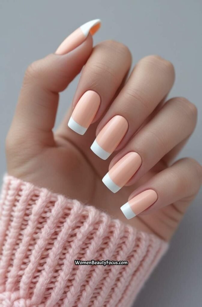 17. Soft Peach and White Short Nails