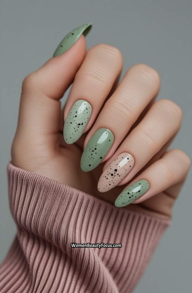 17. Speckled Green and Neutral Nails