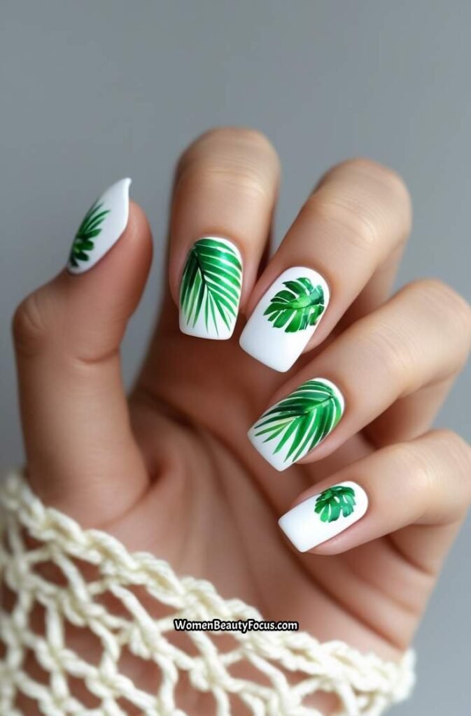 17. Tropical Leaf Nail Art on White Base