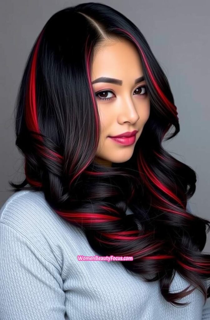 17. Vibrant Red Highlights on Black Hair FrontStraight View
