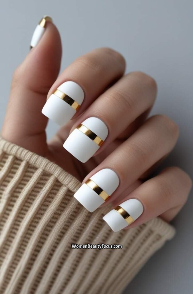 17. White Matte Nails with Gold Striping Tape