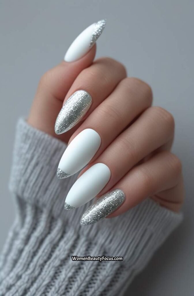 17. White Matte with Glitter Gradient Tips