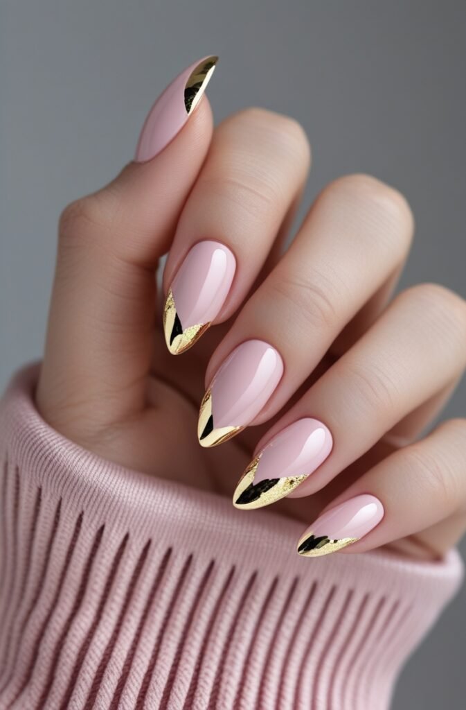 18. Almond Nails with Rose Pink and Gold Leaf