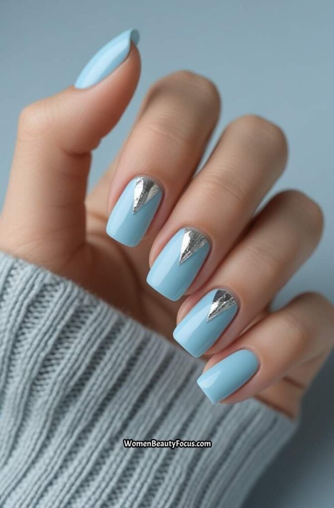 18. Baby Blue with Silver Foil Nails