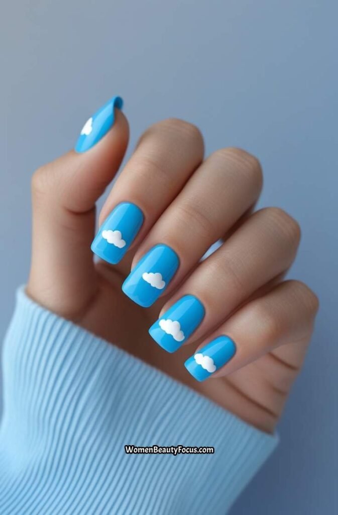 18. Bright Sky Blue Nails with Cloud Art