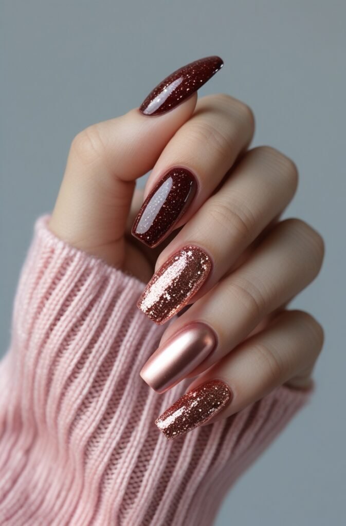 18. Cherry Brown Nails with Rose Gold Glitter