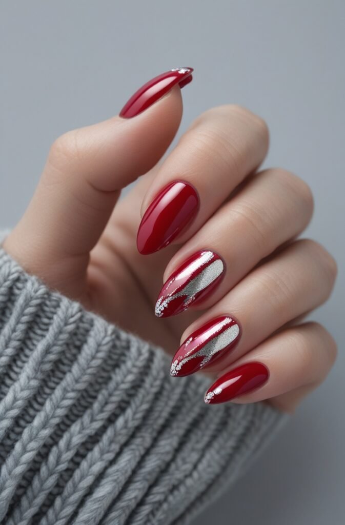 18. Cherry Red Nails with Silver Foil Details