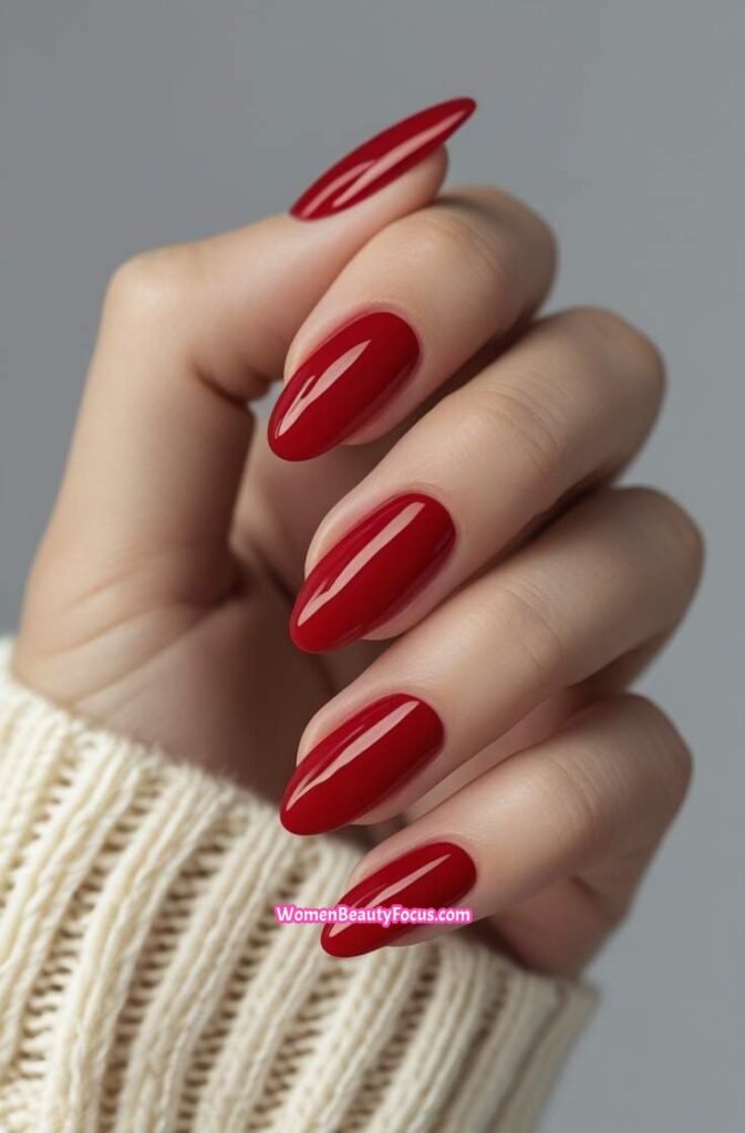 18. Cherry Red Short Oval Nails