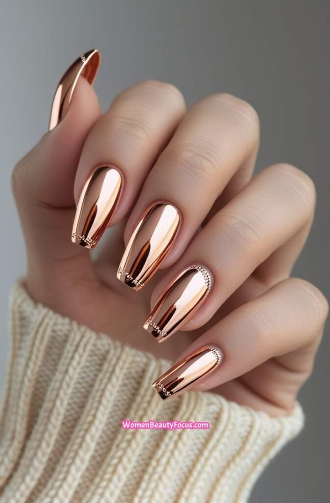 18. Chrome Rose Gold Nails with Fine Detailing