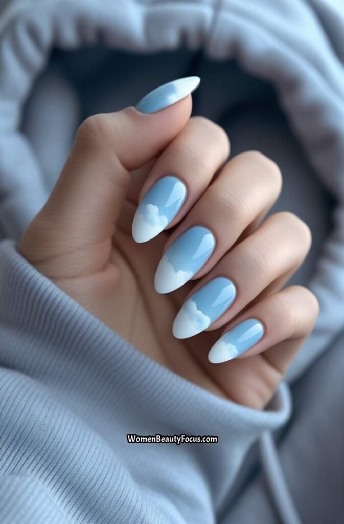 18. Cloudy Sky Blue Nails with White Fade