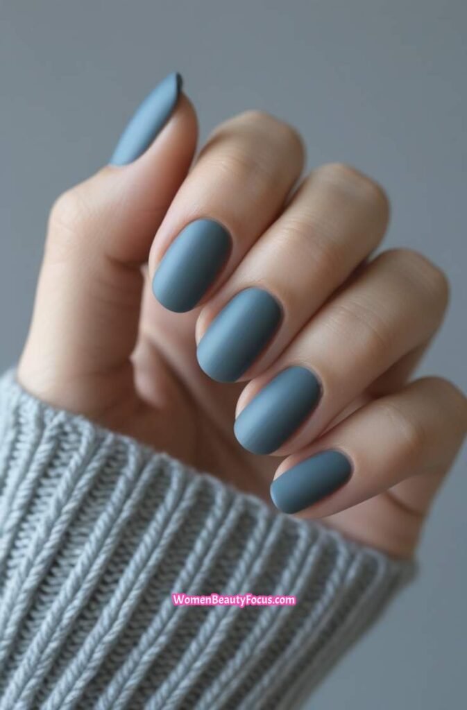 18. Cool Slate Blue Nails with a Matte Texture