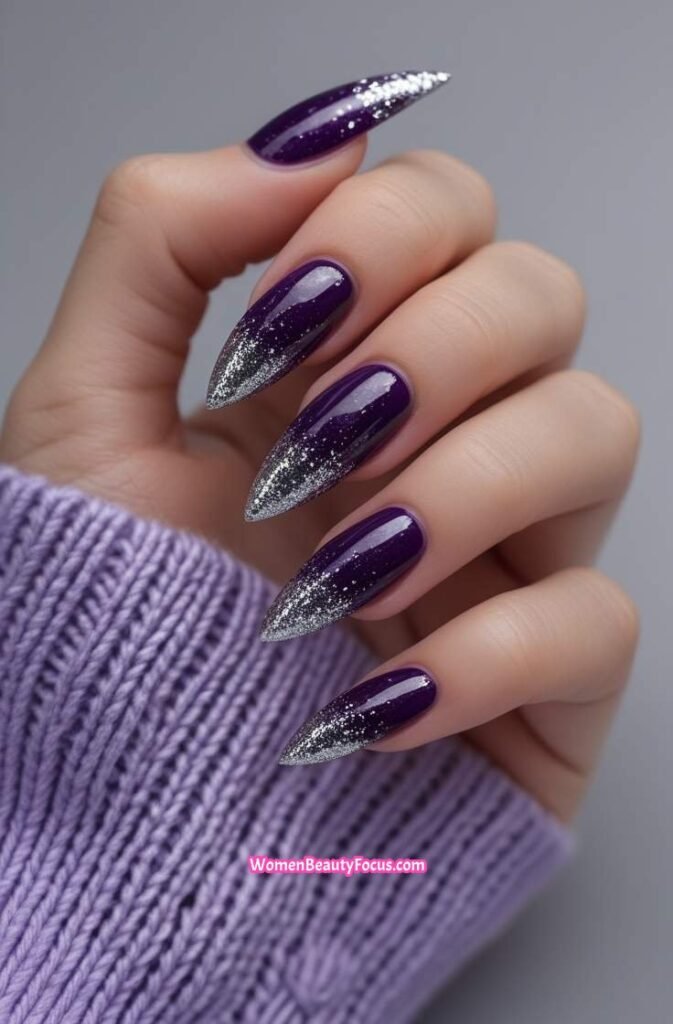 18. Deep Purple Stiletto Nails with Silver Glitter Tips 17 IMGCentury
