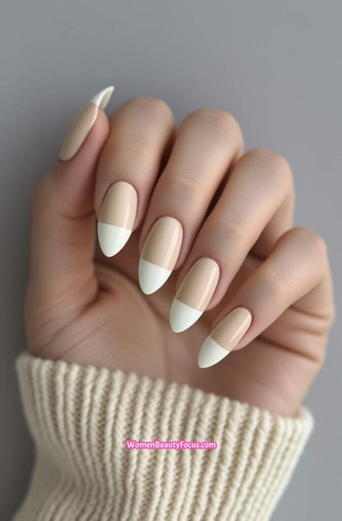 18. French Nails with Beige Base and Off White Tips