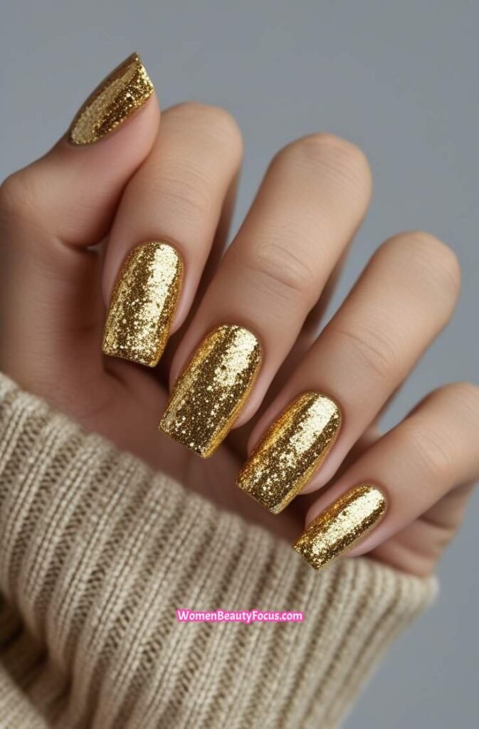 18. Glittery Gold Square Nails