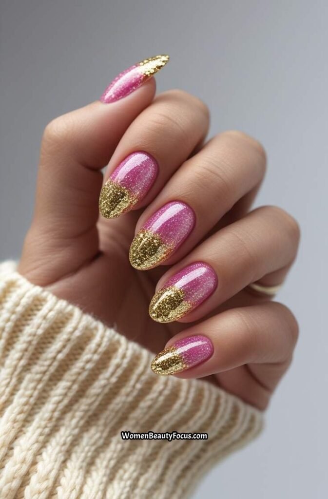 18. Glittery Pink and Gold Nails