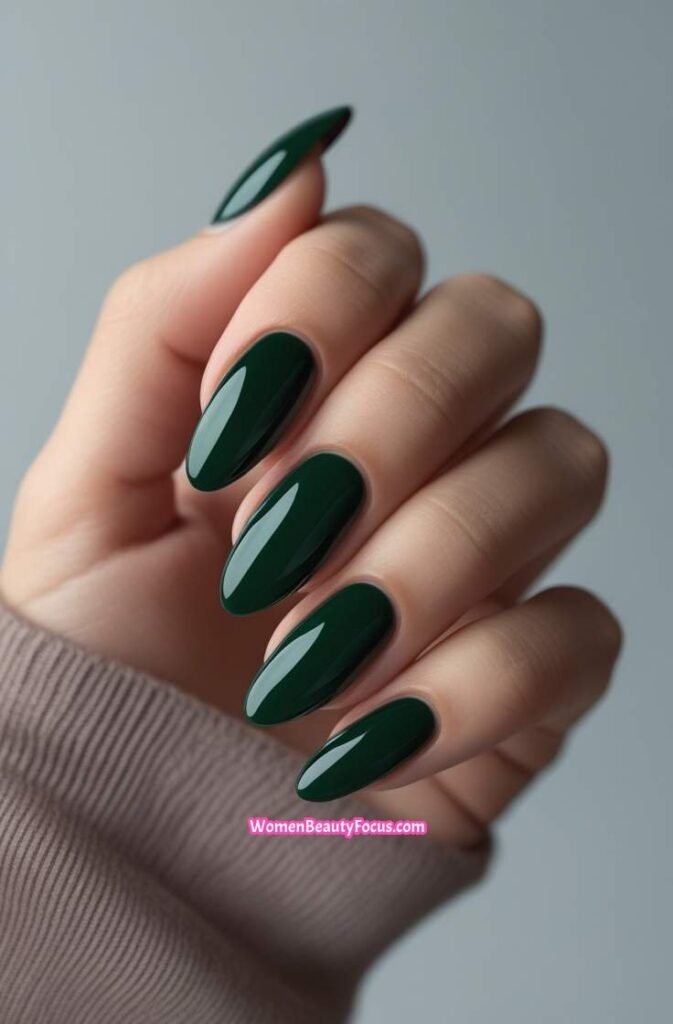 18. Glossy Dark Green Oval Nails
