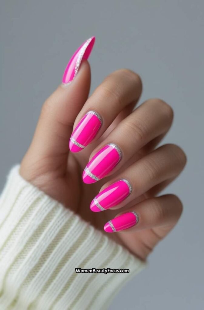 18. Hot Pink French Tips with Glitter Lining