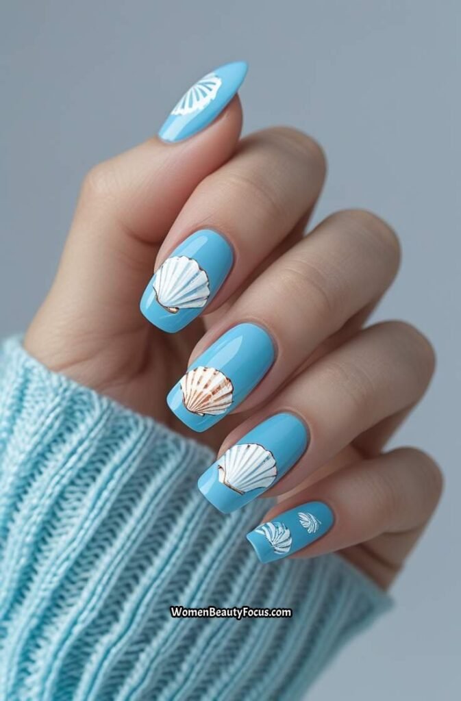 18. Ice Blue Nails with Seashell Designs
