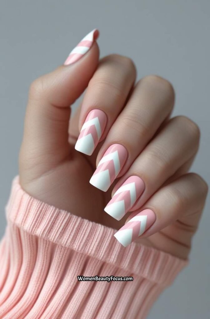 18. Light Pink and White Chevron Nails