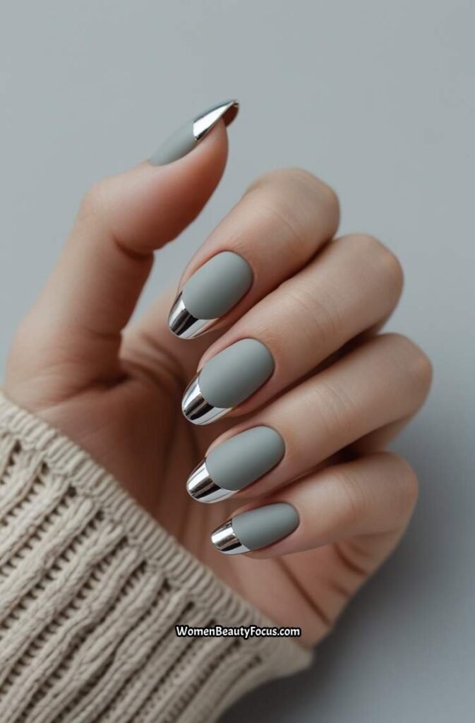 18. Matte Nails with Metallic Silver Tips