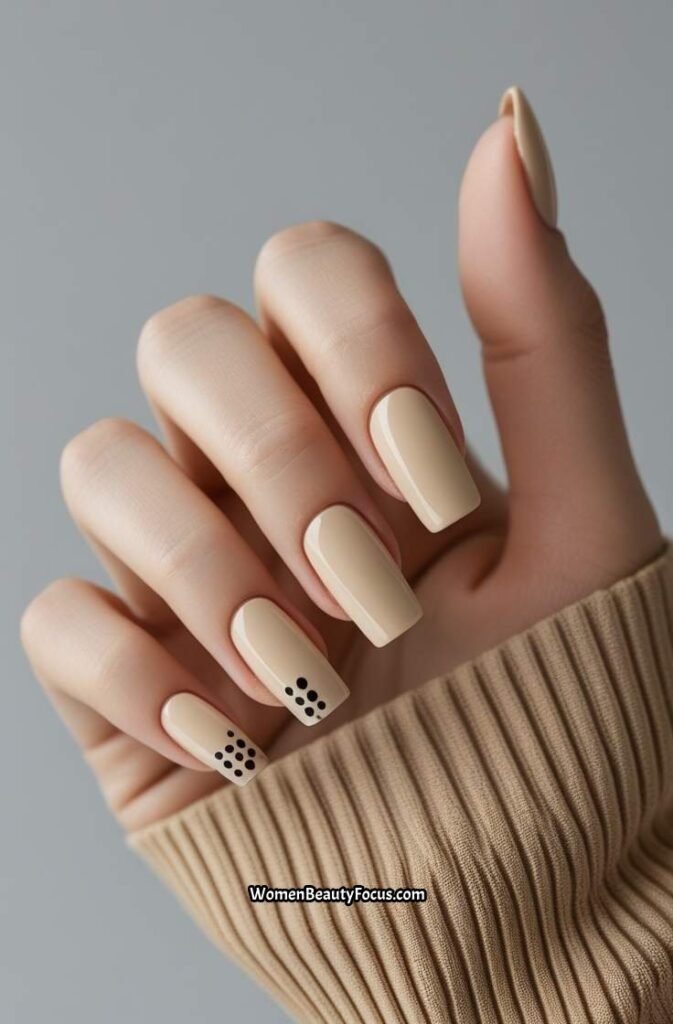 18. Neutral Beige Square Nails with Black Dot Accents 1
