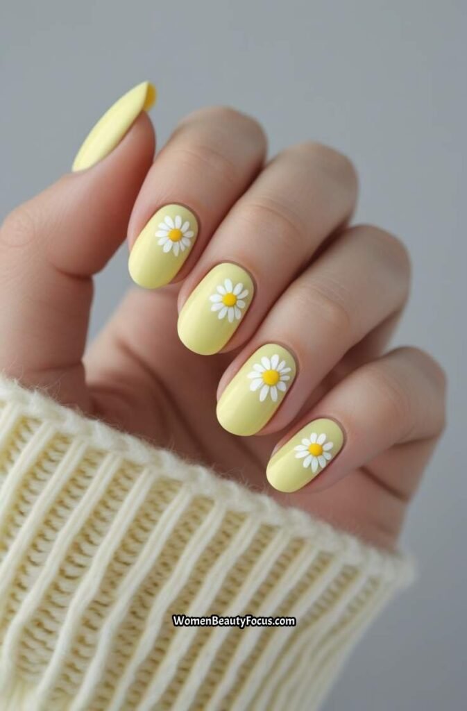 18. Pastel Yellow Nails with Tiny White Florals