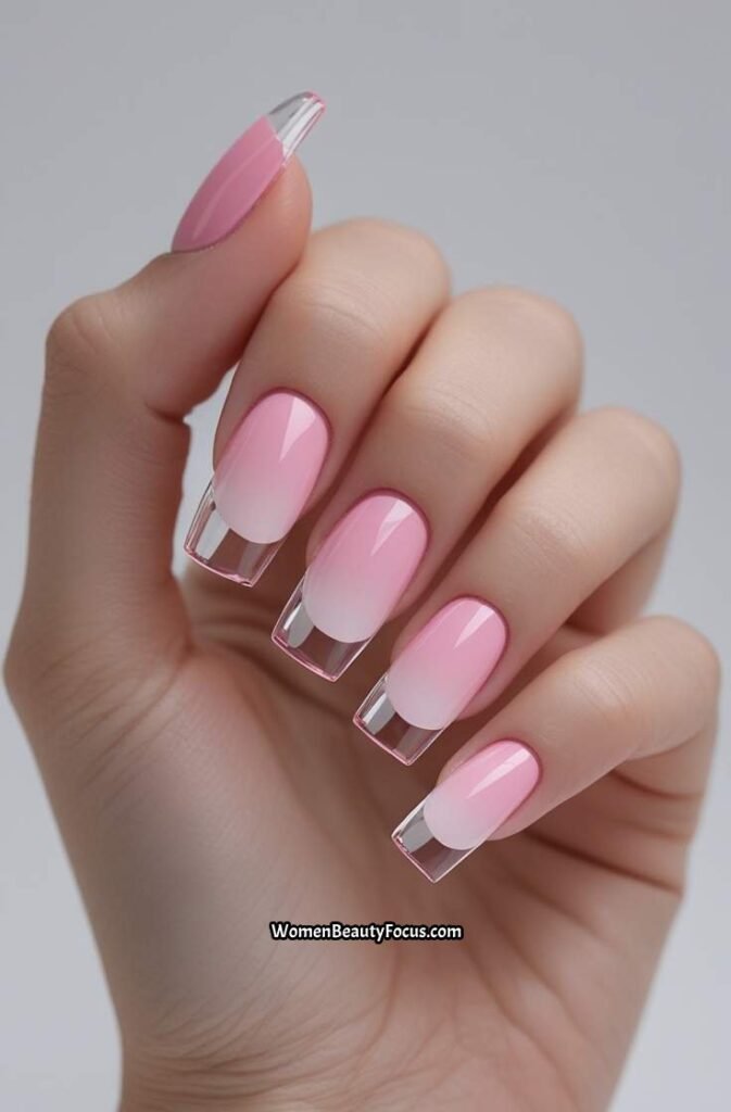 18. Pink Nails with Clear Tips