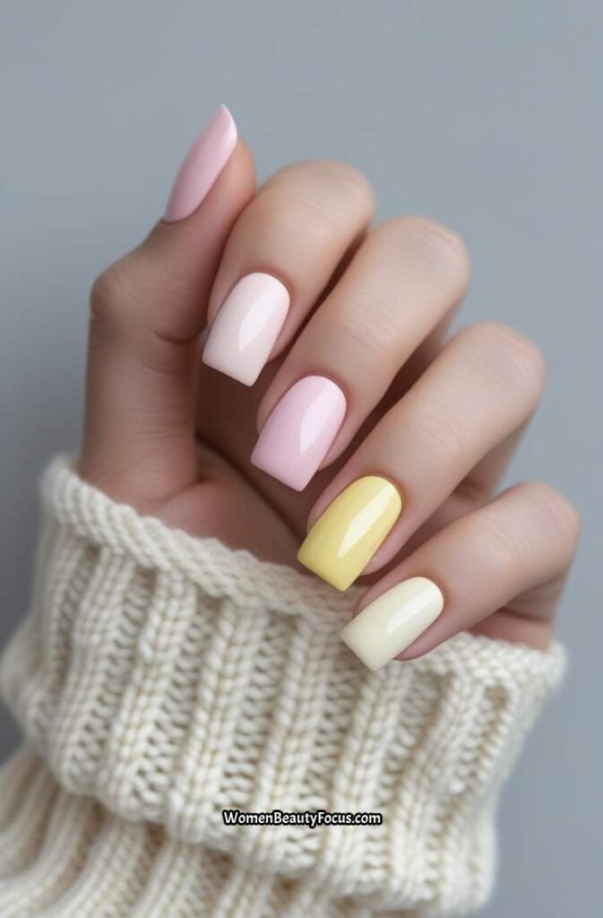 18. Pink and Yellow Pastel Block Nails