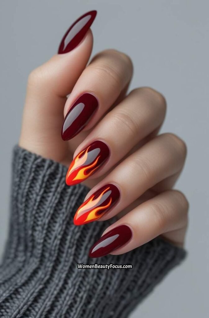 18. Red Cherry Nails with Flame Detail