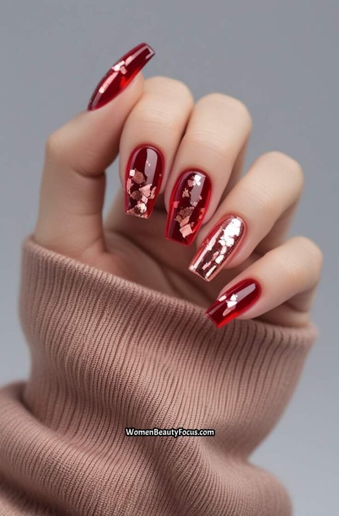 18. Red Glass Nails with Rose Foil Flakes