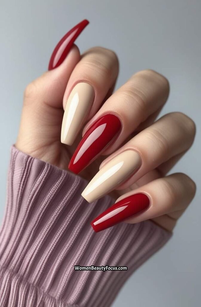 18. Red and Color Block Coffin Nails