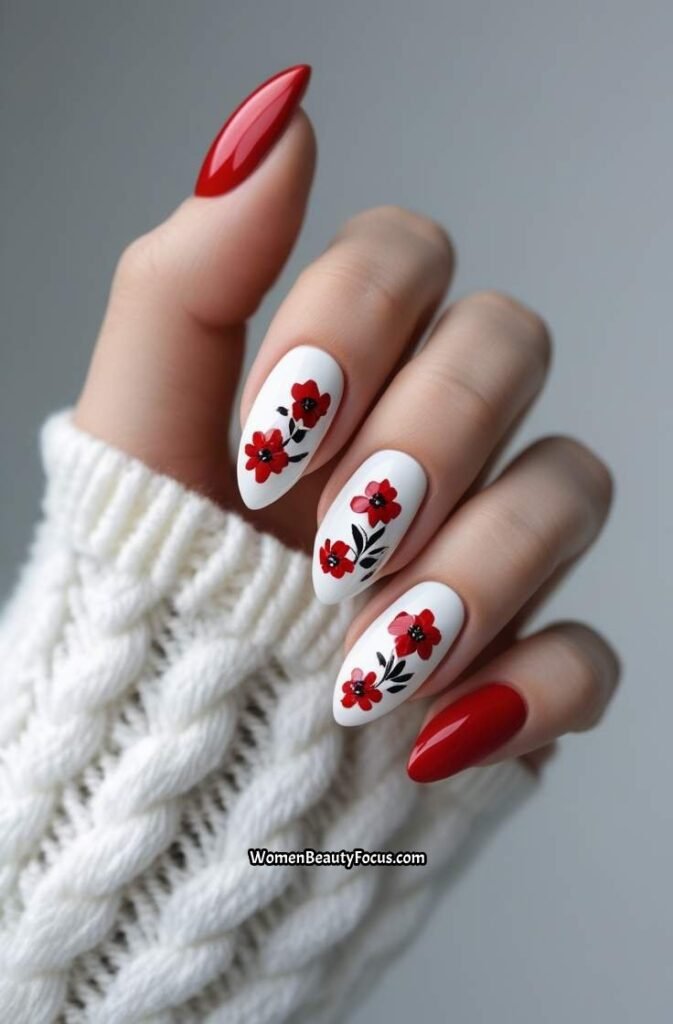 18. Red and White Floral Nail Design