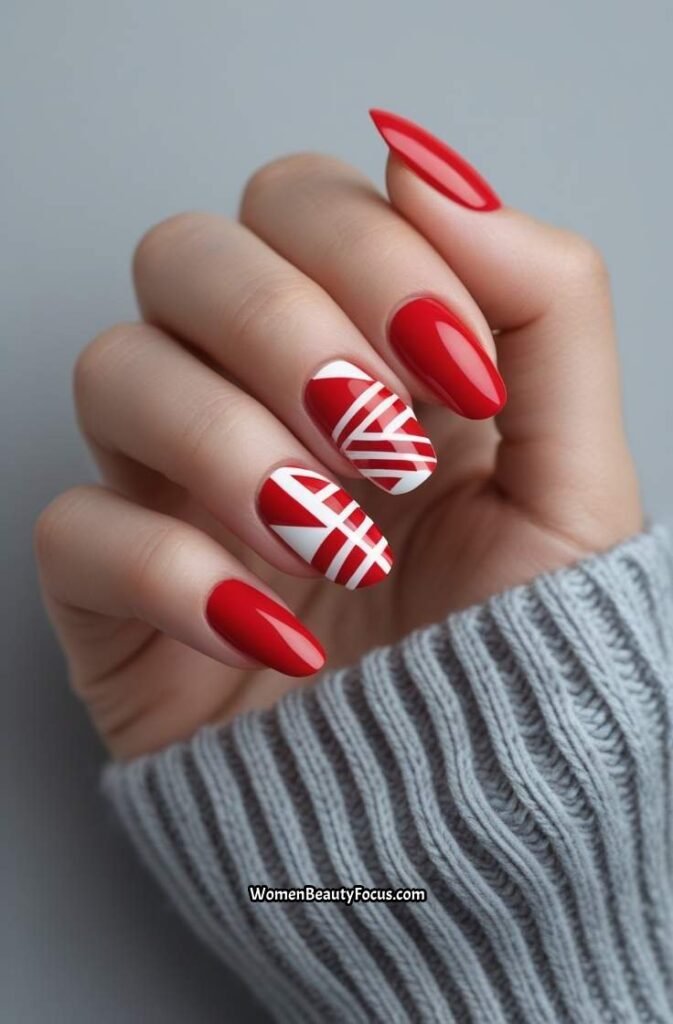 18. Red and White Geometric Nails