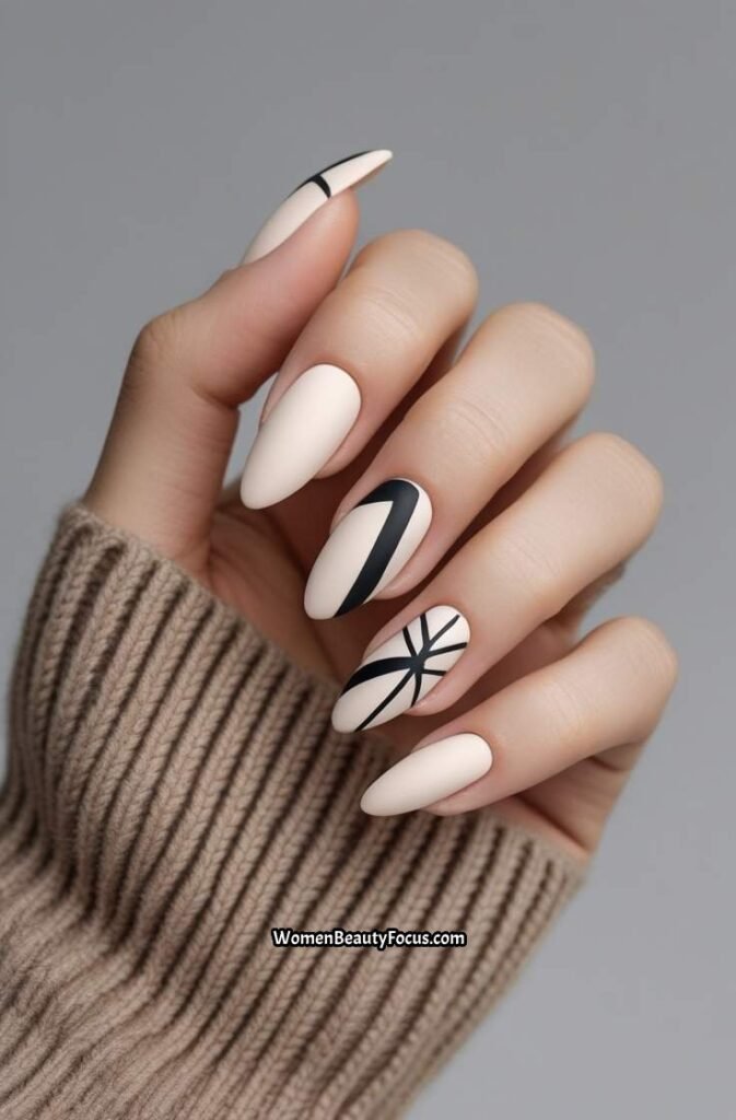 18. Short Acrylic Nails with Matte and Black Line Art