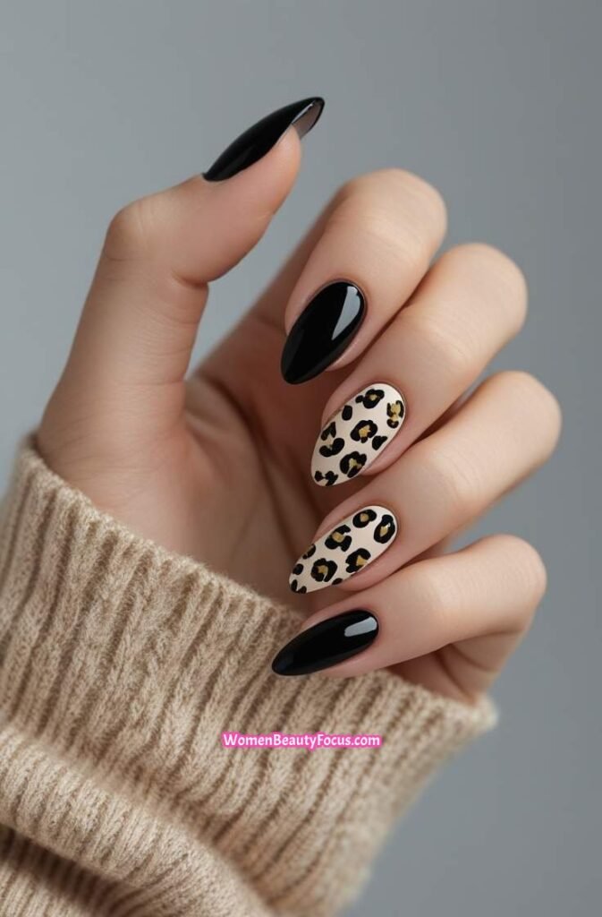 18. Short Glossy Black Nails with Leopard Print Accent