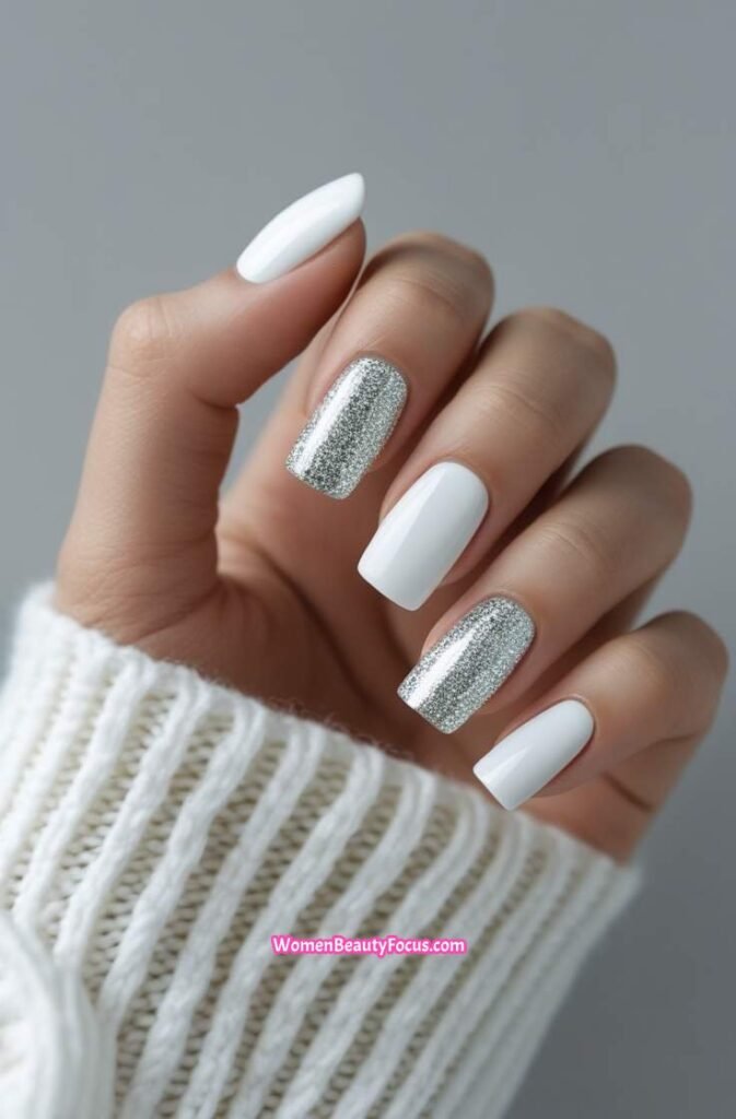 18. Simple White Nails with Silver Glitter Accents