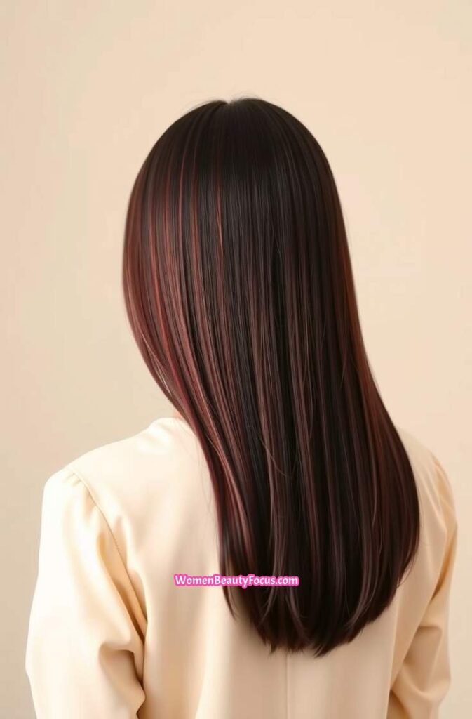 18. Sleek Black Hair with Red Balayage Back View