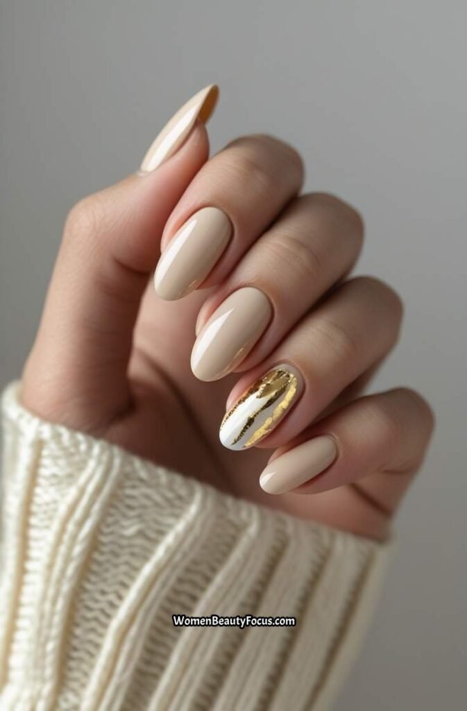 18. Soft Beige with Gold Foil Short Nails